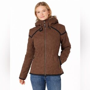 prAna Calla Wool Blend Insulated Hooded Jacket Faux Fur Trim Brown Small